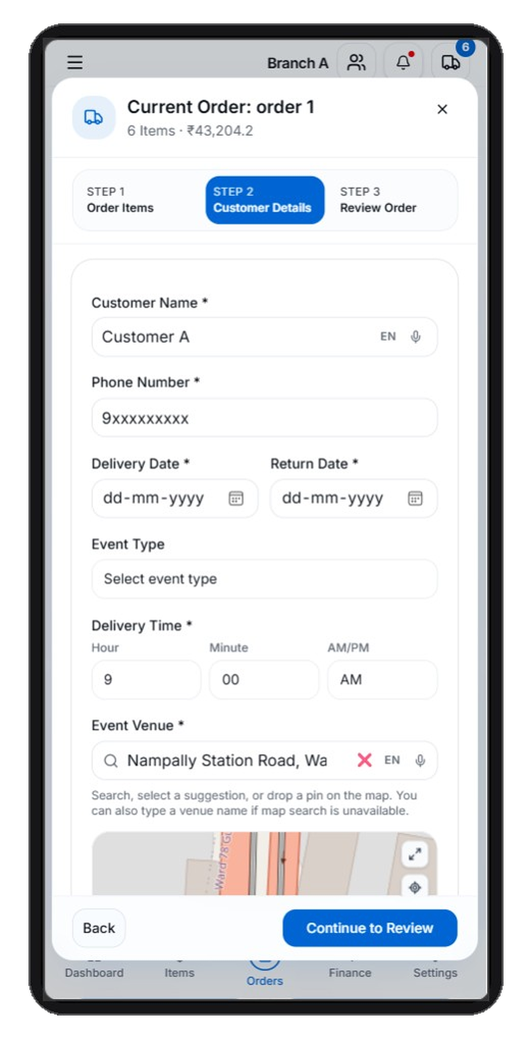 RevRent customer details form for a new order