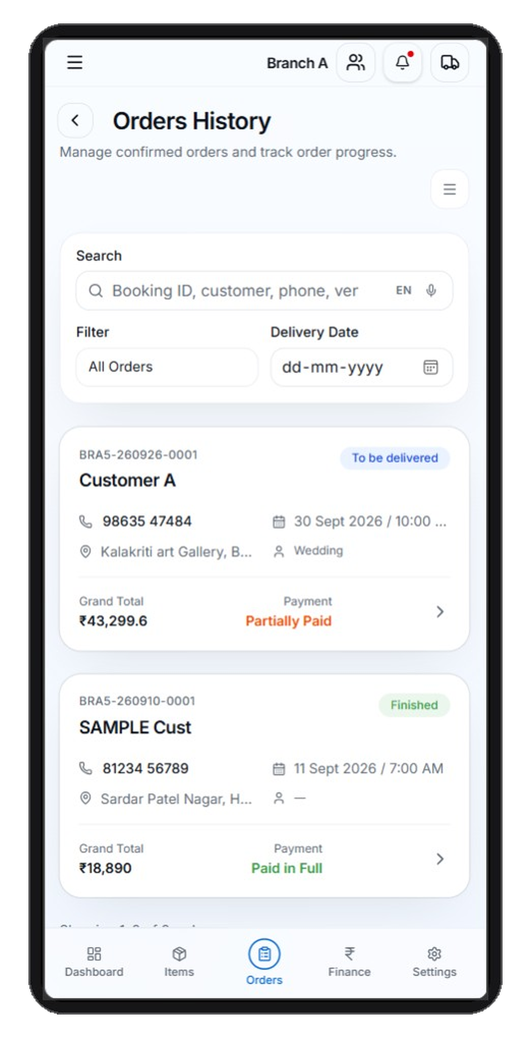 RevRent orders history list with filters