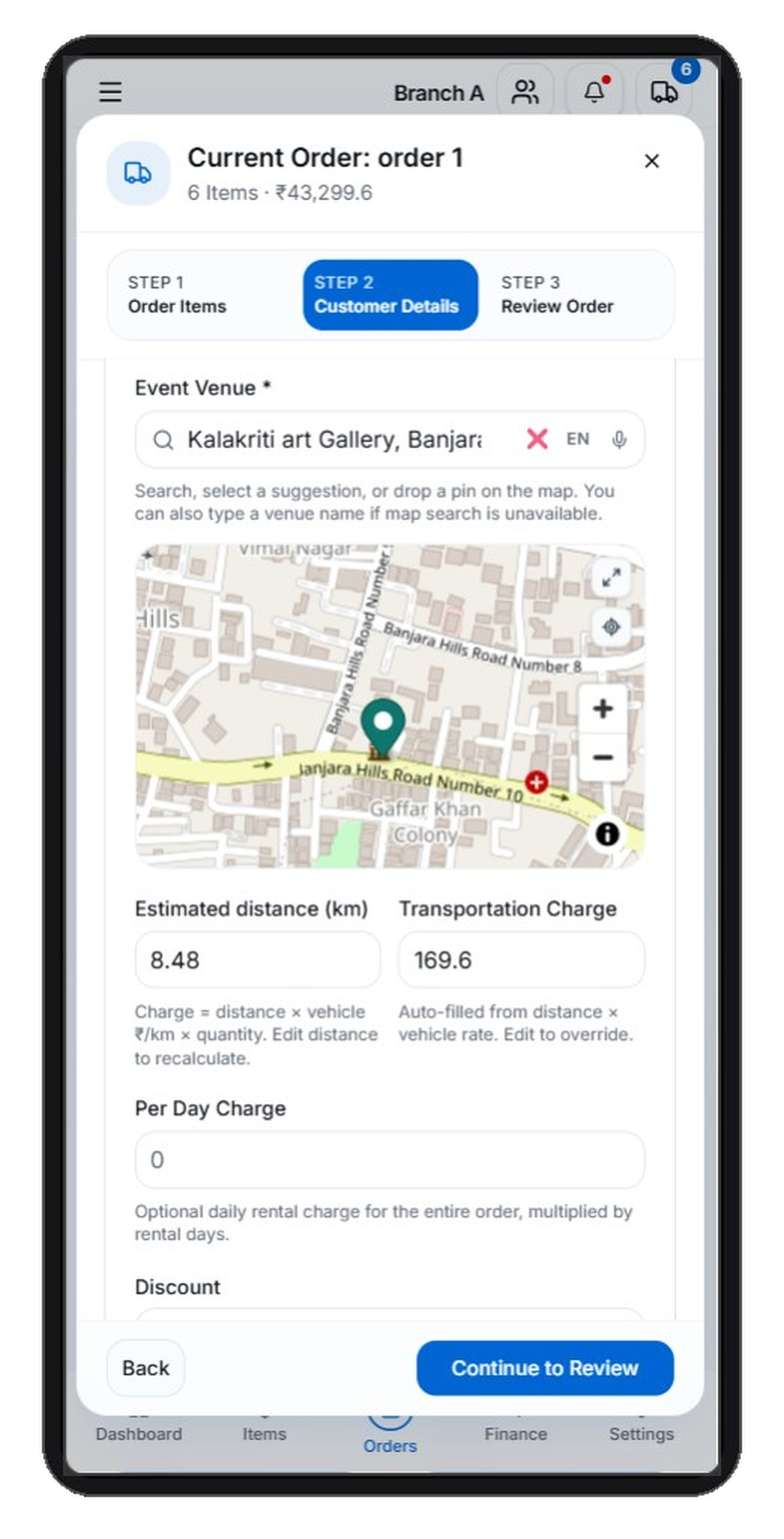 RevRent order review with venue map and transport charges