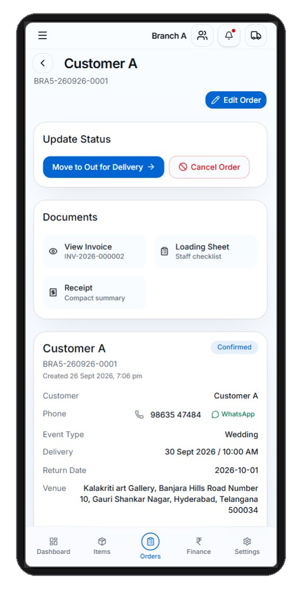 RevRent order detail for Customer A with documents and status