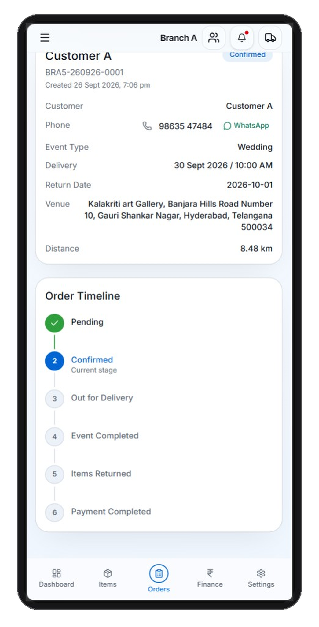RevRent order timeline from pending through payment completed