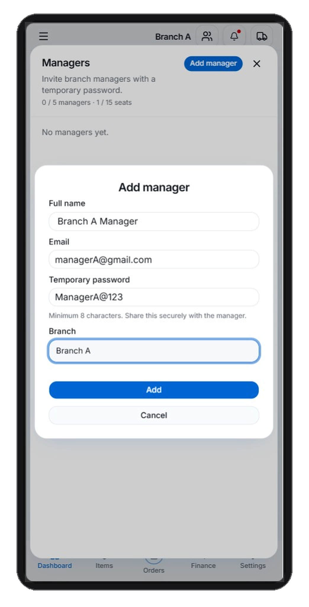 RevRent add branch manager form